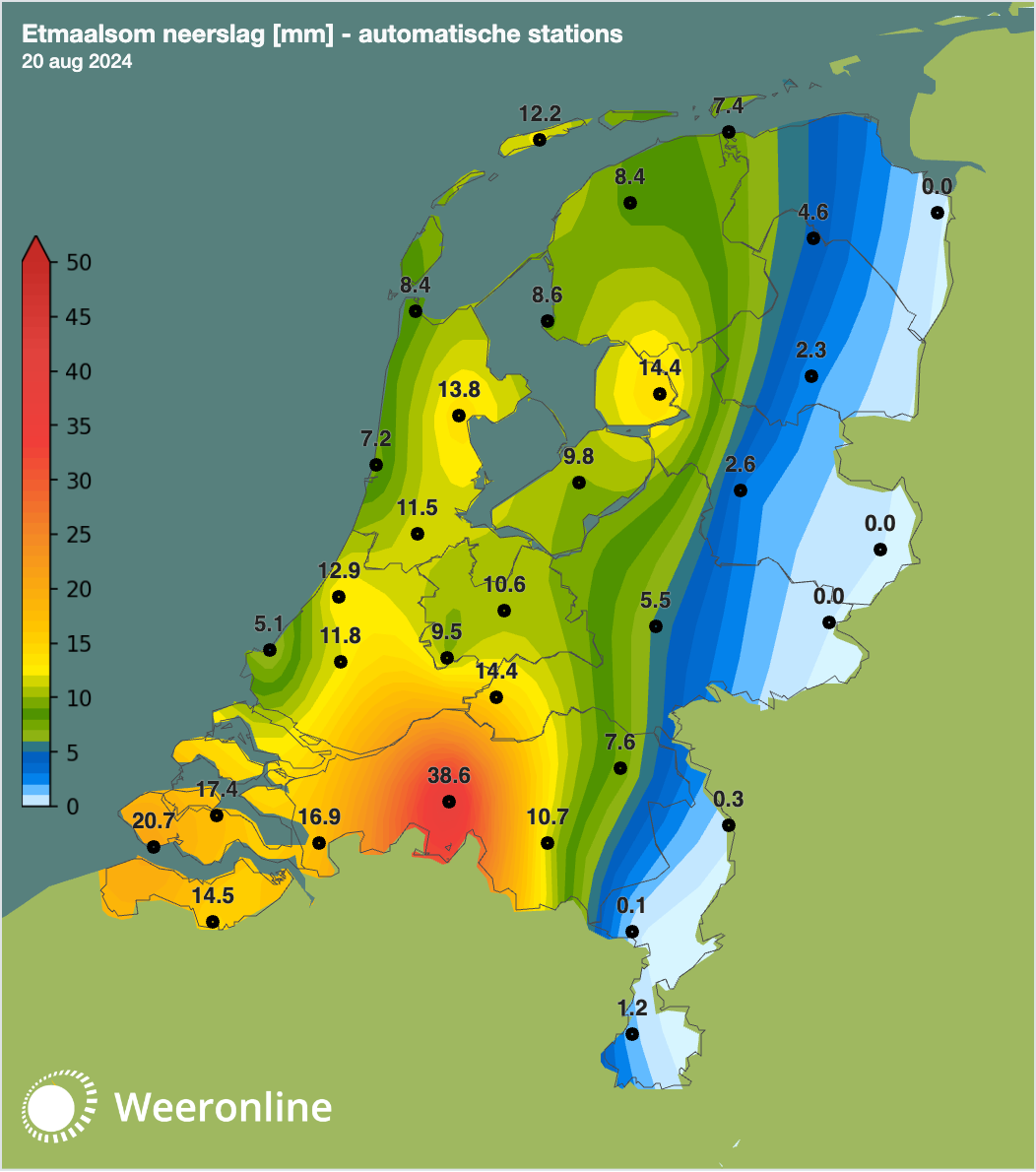 Etmaal neerslagsom in millimeters.