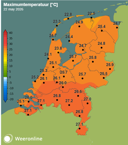 Maximumtemperatuur 22 mei 2026.