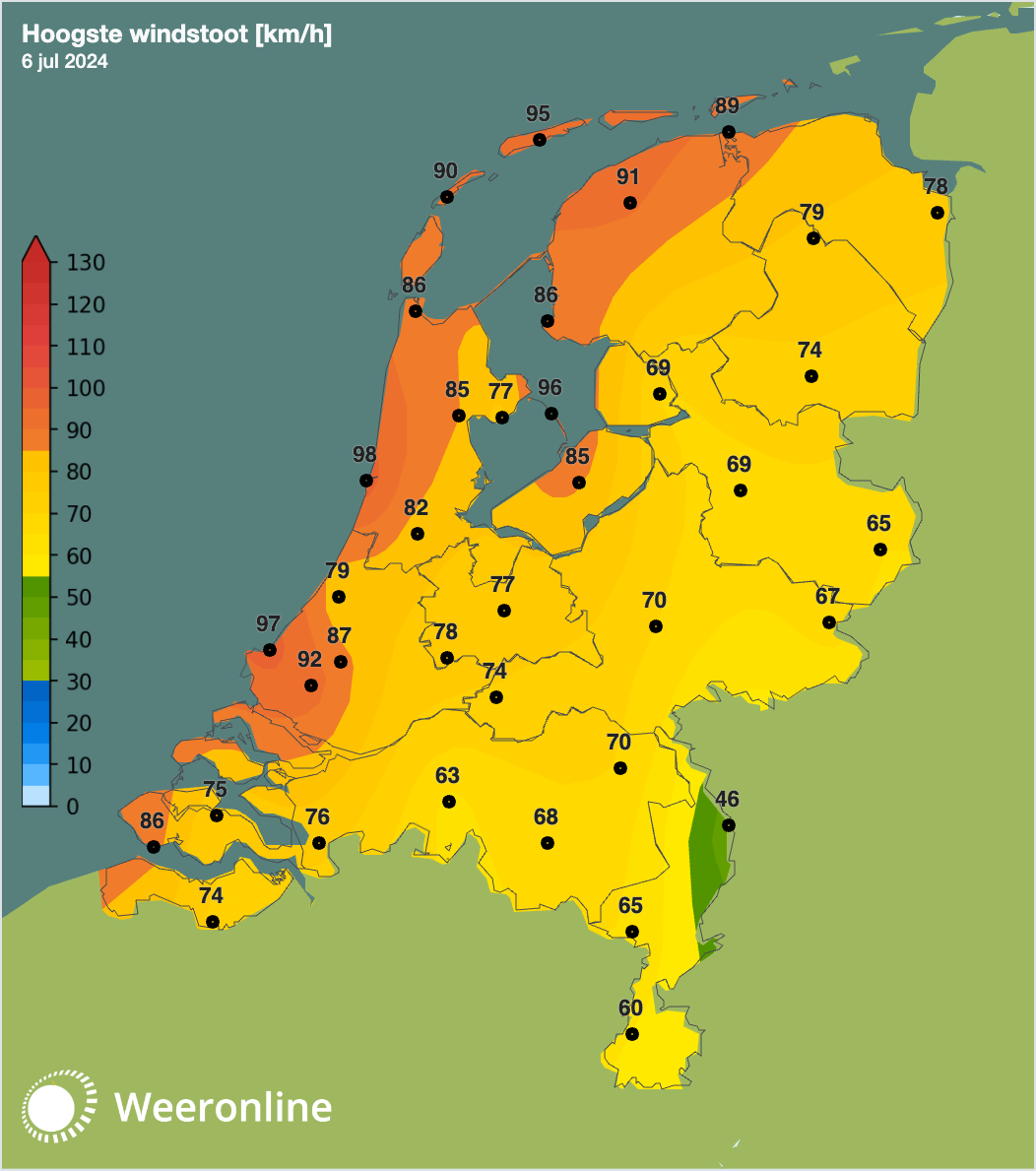 Overzicht hoogste windstoten 6 juli 2024.