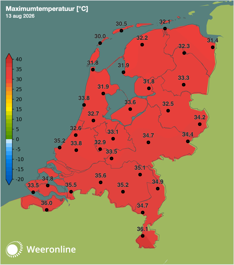 Op alle weerstations is het minimaal 30 graden geworden en op grote schaal in het zuiden 35 graden!