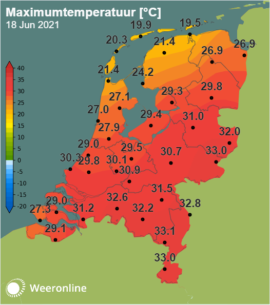 De maximumtemperatuur op 18 juni 2021. 